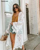 GypsyLady verano sol bordado malla cubrir-ups palangre Kimono blanco túnica playa Kaftan vacaciones largo Boho trajes de baño Tops