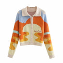 Womens Landscape Knit Cardigan Long Sleeve Collared Button Up Sweater e-girl Sunny Day Tripper /