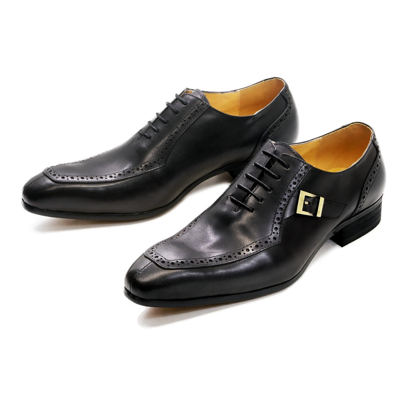 Zapatos de vestir de diseño de cuero de lujo para hombre, zapatos formales de boda de negocios de oficina, zapatos Oxford de punta estrecha con hebilla marrón con cordones para hombres