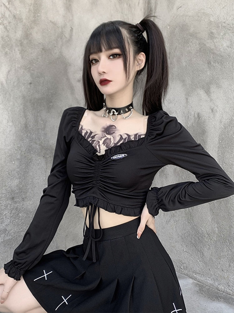 InsGoth Bandage Bodycon manga larga Crop Tops mujer negro cuello en V Streetwear Punk Slim Tops otoño gótico Harajuku Top