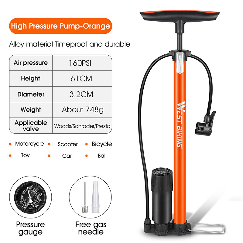 WEST BIKING Bike Floor Pump 120/160PSI Bomba de ciclismo de alta presión Inflador de aire Schrader Presta Valve Road MTB Bicicleta Neumático Bomba