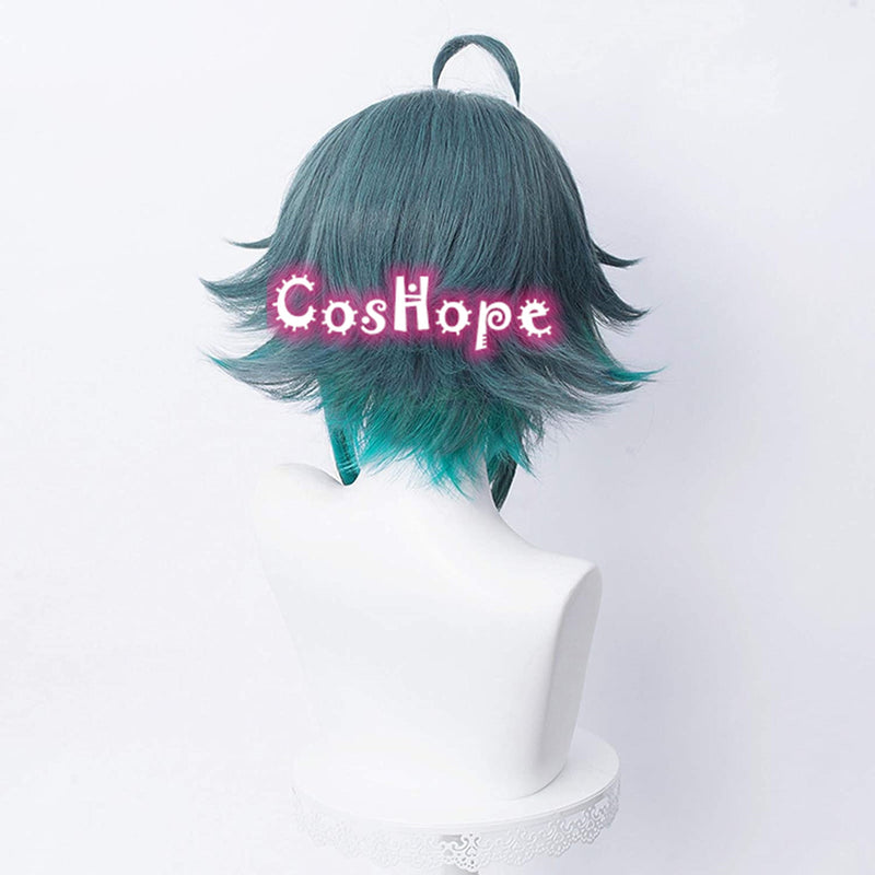 Peluca de Cosplay Genshin Impact Xiao para hombre, peluca verde mixta de 40cm, pelucas de Cosplay de Anime, pelucas sintéticas resistentes al calor para Halloween