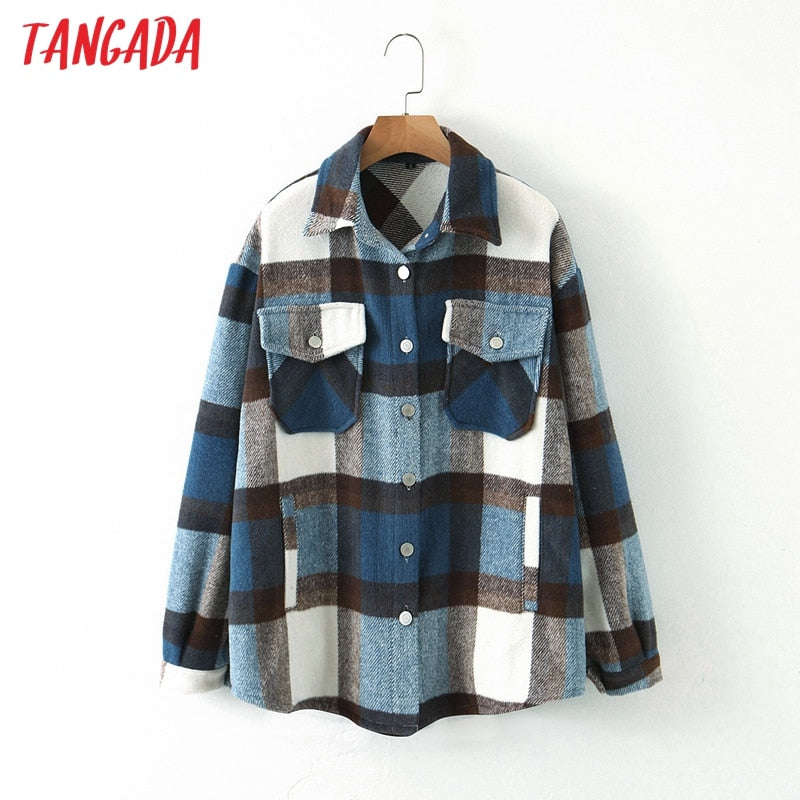 Tangada 2020 Autumn Winter Women Blue Plaid Long Coat Jacket Pocket Casual Warm Overcoat Fashion Outwear Tops QW12