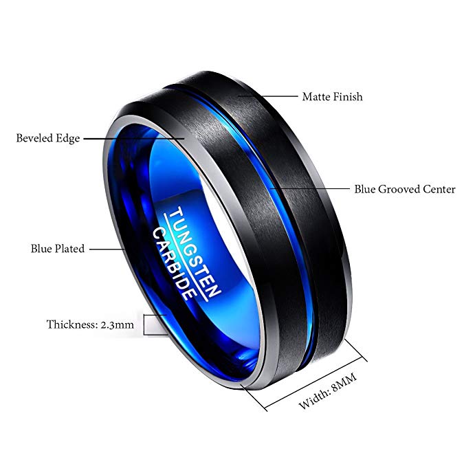 NUNCAD Men's 8mm Tungsten Carbide Groove Ring Blue & Black Matte Finish Beveled Edge Wedding Band