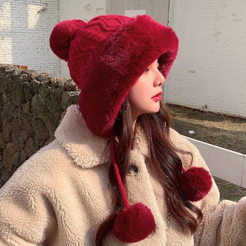 Sparsil Woman Autumn Winter Mink Knit Bomber Hat Thick Female Fluffy Pompom Outdoor Warm Windproof Earflap Trapper Snow Ski Caps