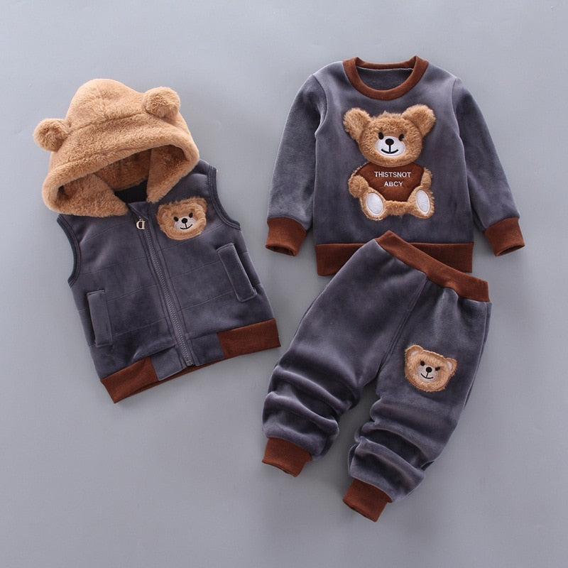 Winter Baby Girls Hooded Clothes Children Christmas Sets Vest+Coat+Pant 3 Pieces Boy Suits Cartoon Bear Garment For Kids 1-4 Age