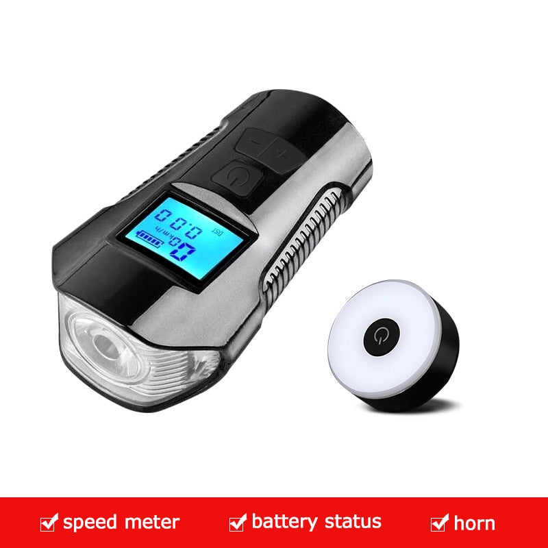 Waterproof Bicycle Light USB Charging Bike Front Light Flashlight Handlebar Cycling Head Light w/ Horn Speed Meter LCD Screen
