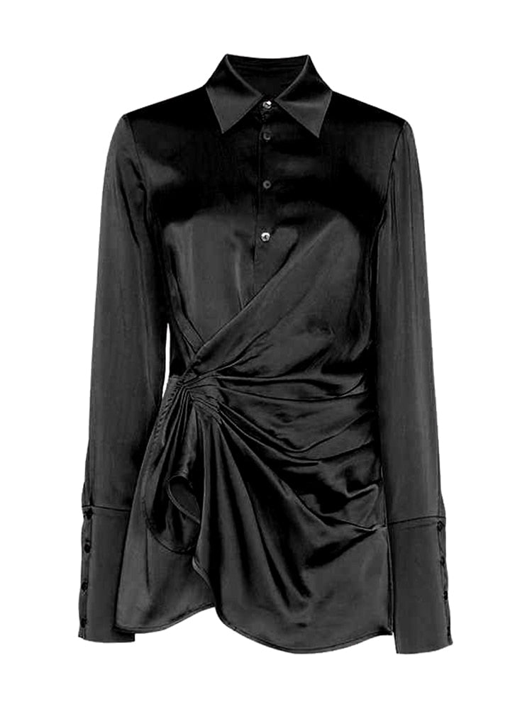 TWOTWINSTYLE Solid Ruched Shirt For Women Lapel Long Sleeve Lace Up Bowknot Minimalist Blouse Female Fashion New Clothing 2021