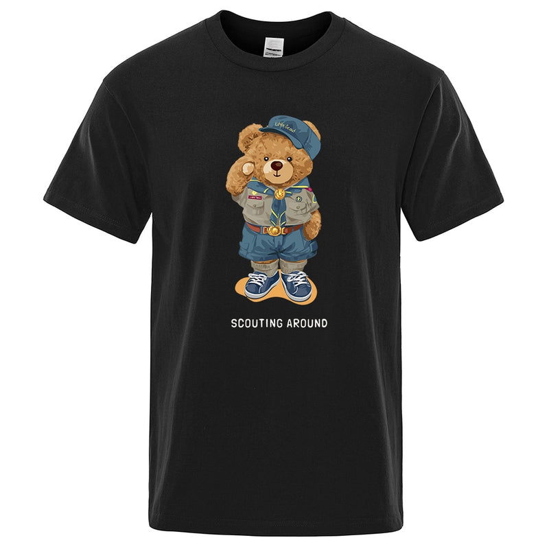 Cute Teddy Bear Salute Scoring Around Prints T Shirt Men Brand Tees Short Sleeve Retro Adult T-Shirt Summer Hip Hop T-Shirt