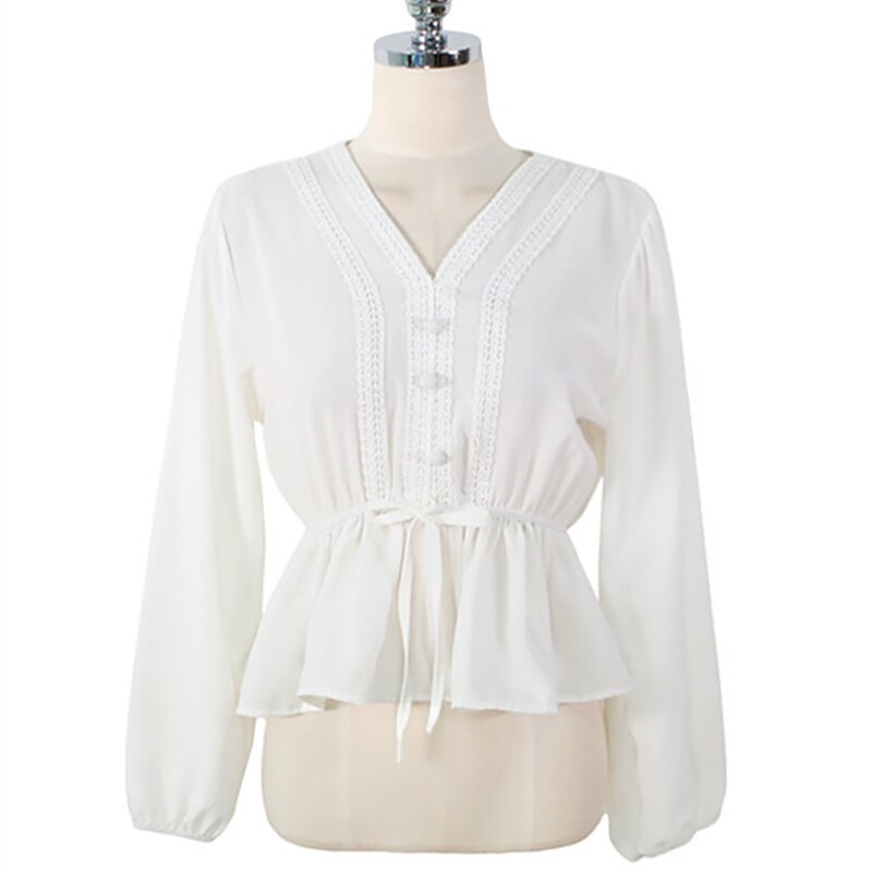 shintimes V-Neck White Blouse Sashes Casual Woman Clothes 2022 Fall Lace Long Sleeve Shirt Women Blouses Shirts Chemisier Femme