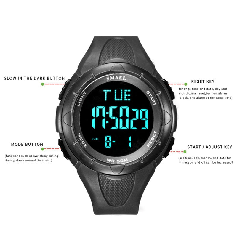 Reloj digital para hombre SMAEL 50M, relojes impermeables, reloj Led, alarma, pulsera negra, cronómetro, reloj deportivo 1016, relojes digitales para hombre