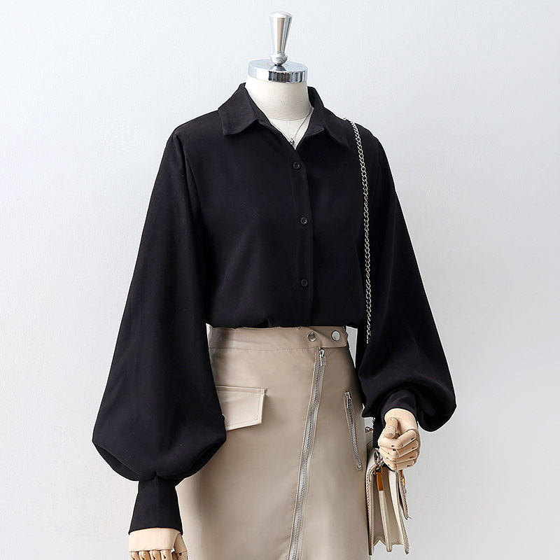 Deeptown Lantern Sleeves Vintage Shirts Damen Elegante weiße Damenbluse mit üppigen Ärmeln 2022 Fashion Button Up Shirt Black