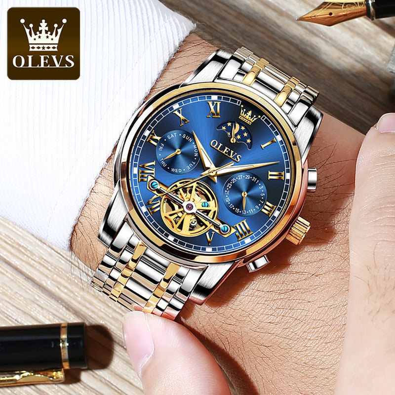 OLEVS Herrenuhr Automatische mechanische Uhr Stianless Top Brand Dress Luxus Mondphase Tourbillon Armbanduhr Geschenke für Männer