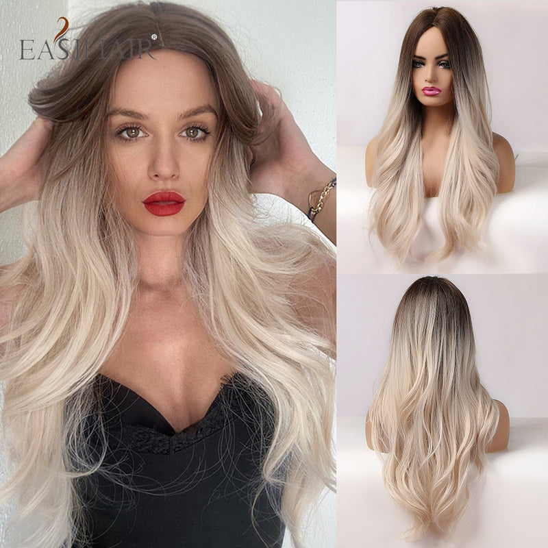 EASIHAIR largo rubio claro Ombre pelucas de estilo ondulado Natural pelucas sintéticas resistentes al calor pelucas de Cosplay de pelo de parte media para mujeres