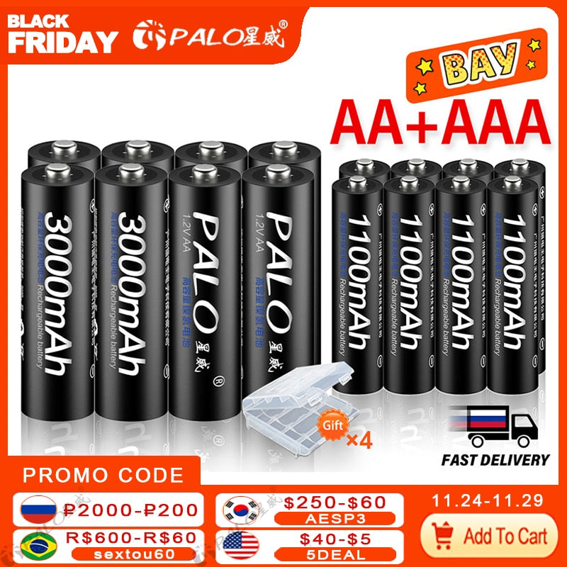 PALO 4 Stück 3000 mAh 1,2 V AA Akkus + 4 Stück 1100 mAh 1,2 V AAA Akku NI-MH AA AAA Akku für Kamera Spielzeug