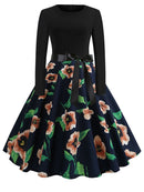 Winter WeihnachtsKleider Damen 50er 60er Vintage Kleid Swing Pinup Elegant Partykleid Langarm Freizeit Print Schwarz