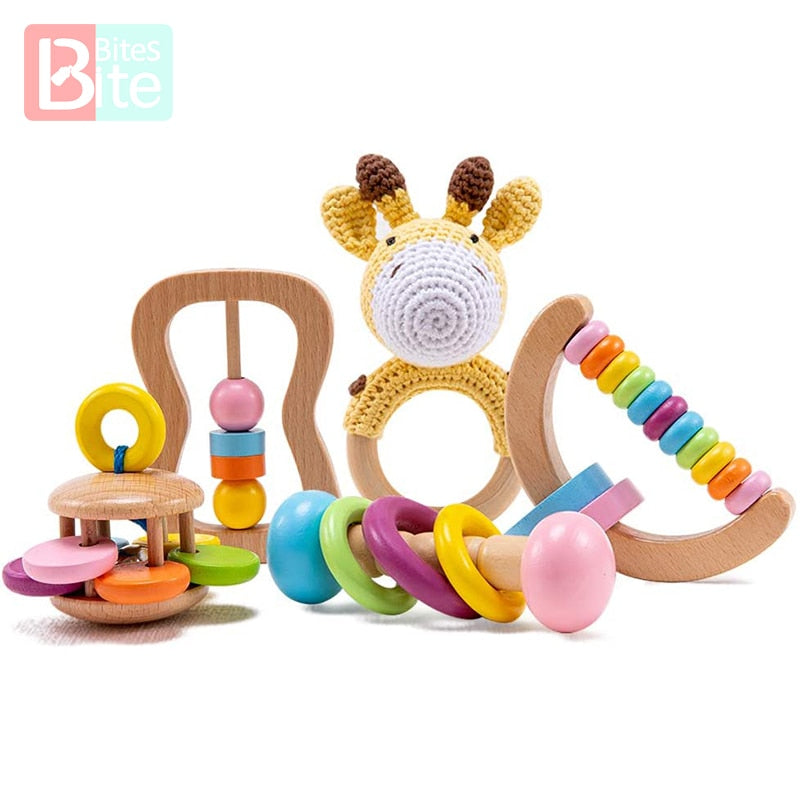 5 STÜCKE Organisches Sicheres Holzspielzeug Baby Montessori Kleinkindspielzeuggriff DIY Häkelrassel Schnullerarmband Beißringspielzeugset Babyprodukt