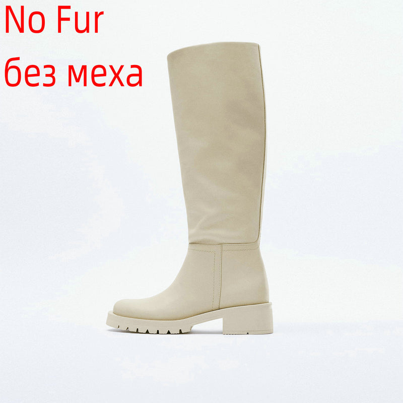 QUTAA INS Fashion Women Knee High Boots Full Cow Leather Warm Flats Thick High Heels Motorcycle Boots Woman Lady Shoes 34-43