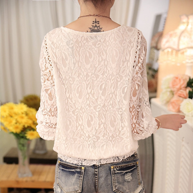 2022 Fashion Summer White Lace Women&#39;s Clothing Long Sleeve Chiffon Women Shirts Blouses Blusas Black Women&#39;s Tops Blouse 51C