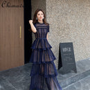 Maxikleider für Frauen 2022 New Summer Dark Blue Exquisite Lace Stitching Short Sleeve Multi-Layer Cake Dress Slimming Dress