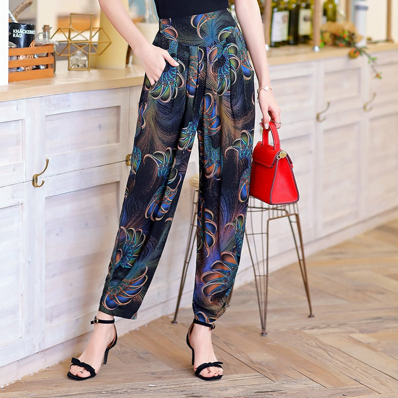 Women Summer Pants 2022 Korean Vintage Striped High Waist Plaid Pants with Print Loose Streetwear Elegant Summer Trousers