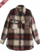 Vintage women 2021 long sleeve woolen coats fashion ladies thick plaid coat female streetwear elegant girls oversize jacket chic