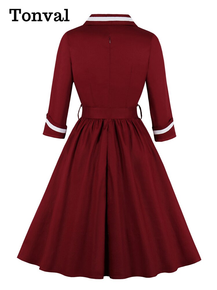 Tonval Vintage Style Wrap Belted Elegant Pleated Autumn Dress Women 2022 Winter Robe Femme 3/4 Length Sleeve Cotton Dresses
