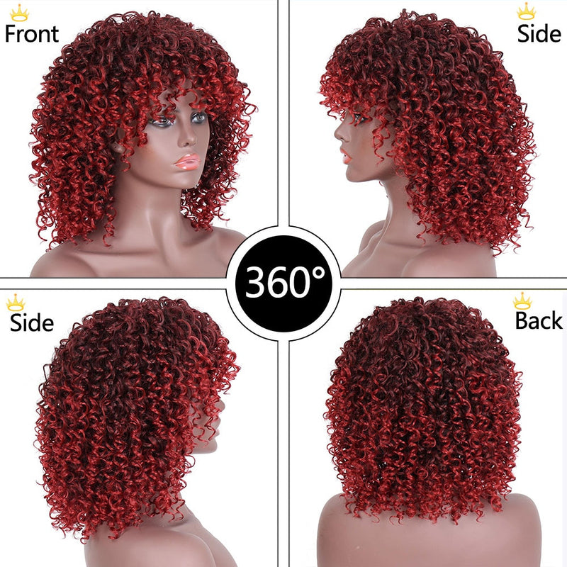 Pelucas sintéticas rojas NNZES, peluca rizada Afro rizada, peluca mixta negra y roja con flequillo, pelucas sintéticas cortas para mujeres negras