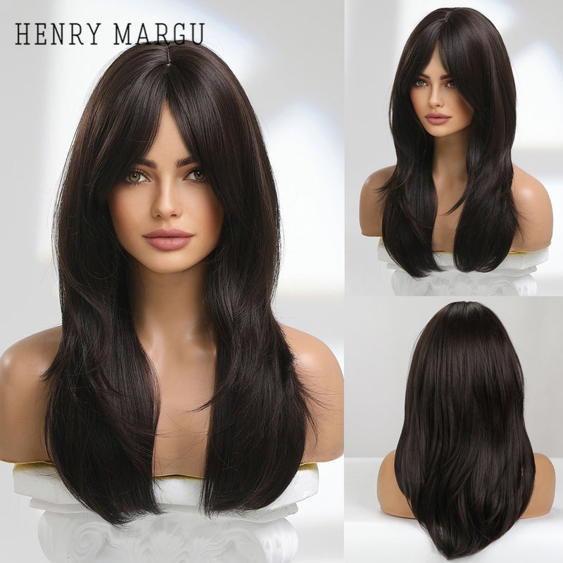 HENRY MARGU pelucas sintéticas negras rectas largas con flequillo pelos falsos naturales para mujeres Afro resistente al calor Cosplay pelucas diarias