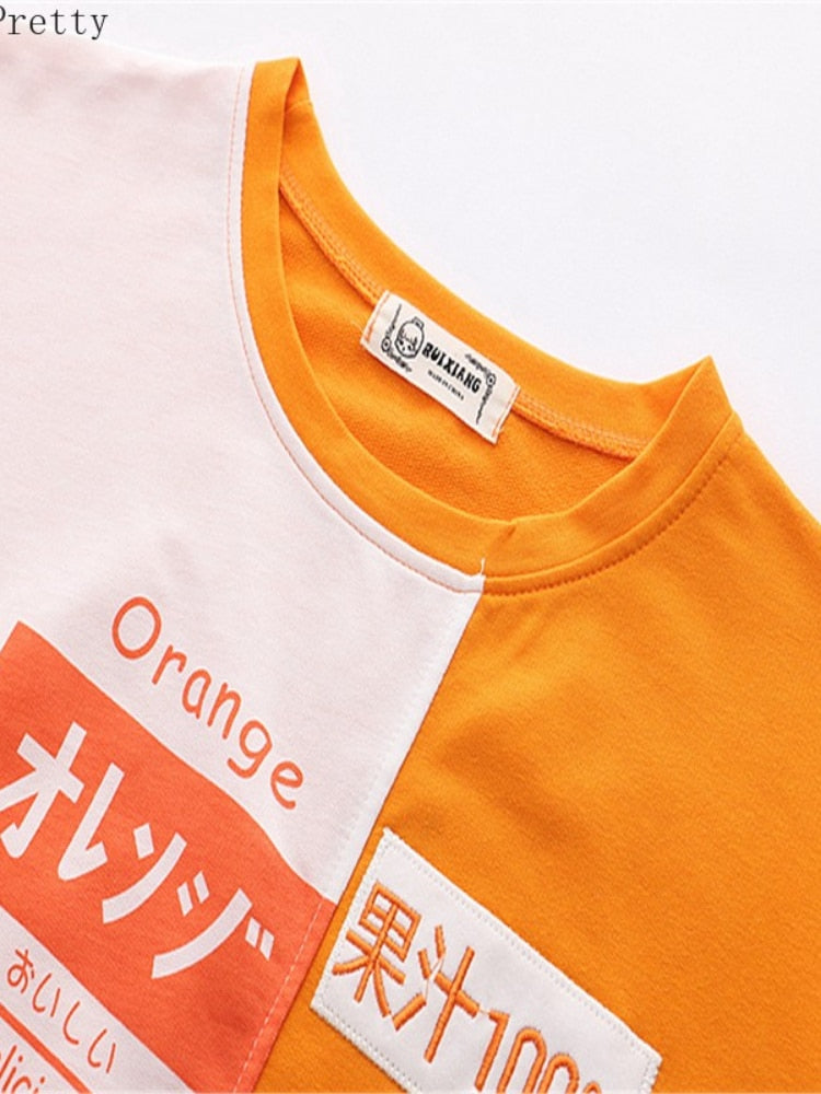 Korean Fashion Summer Women T-shirt Kawaii Clothes Orange Embroidery Patchwork Short Sleeve Cotton T Shirt Cute Sweet Girls Tops