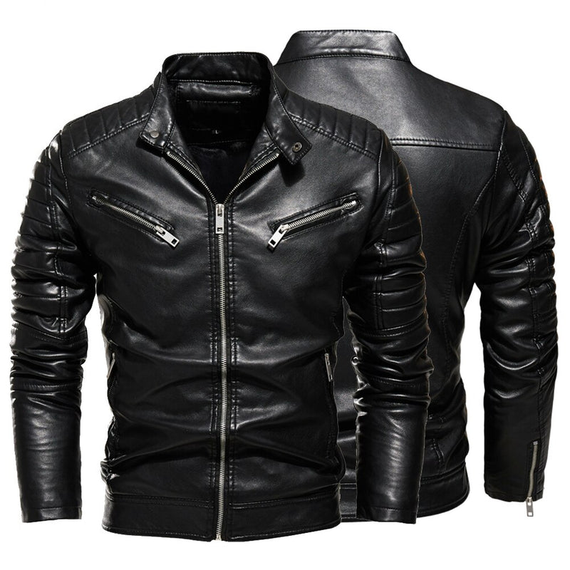 2022 Winter Black Leather Jacket Men Fur Lined Warm Motorcycle Jacket Slim Street Fashion BLack Biker Coat Pleated Design Zipper