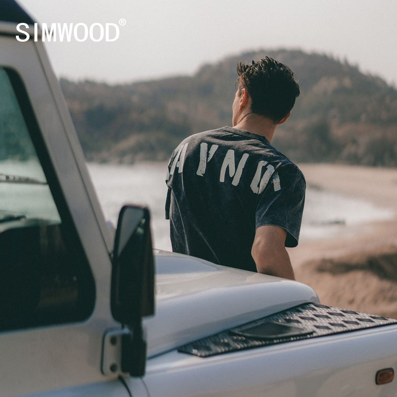 SIMWOOD 2023 Summer New Retro T-shirt Men Garment-Washed Loose Letter Print Hip Hop 100% Cotton Tops Fashion Streetwear SK170139