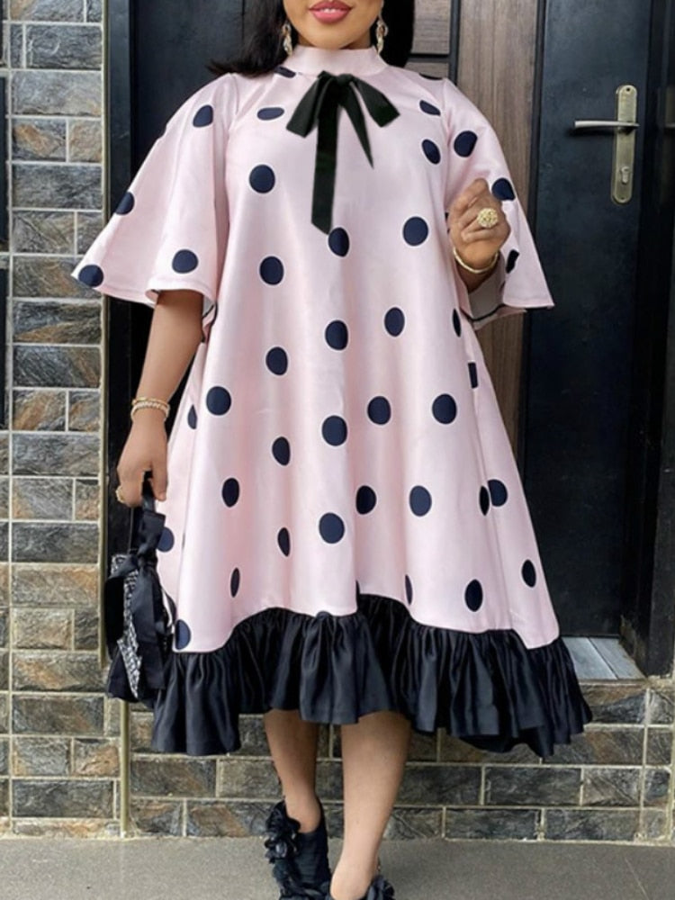 Women Pink Dress Polka Dot with Bowtie Lovely Loose Princess Party Ruffles Patchwork Short Sleeve African Female Cute Vestidos