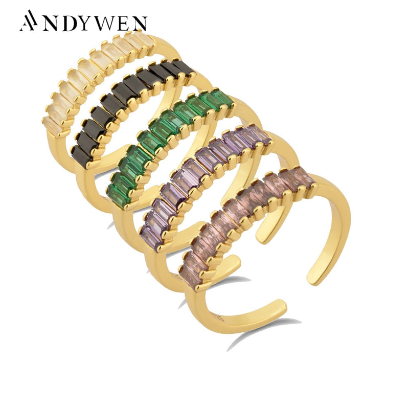 ANDYWEN 925 Sterling Silver 5 Color Summer Square Zircon CZ Resizable Rings New 2020 Fashion Round Adjustal Circle Women Jewelry