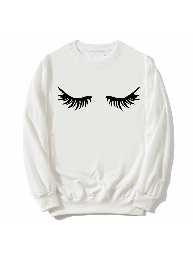 Modisches Wimpern-Frauen-Weiß-Sweatshirt Make-up-Wimpern-Wimperntusche-lustiges Tumblr-weibliches bequemes grafisches ästhetisches Spitzen-Sudaderas