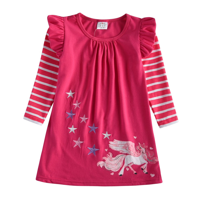 DXTON Winter Kinder Kleider Für Mädchen Fliegen Ärmel Einhorn Kinder Kleid Stern Streifen Kleinkind Baumwolle Kleidung Kausal Mädchen Kleid