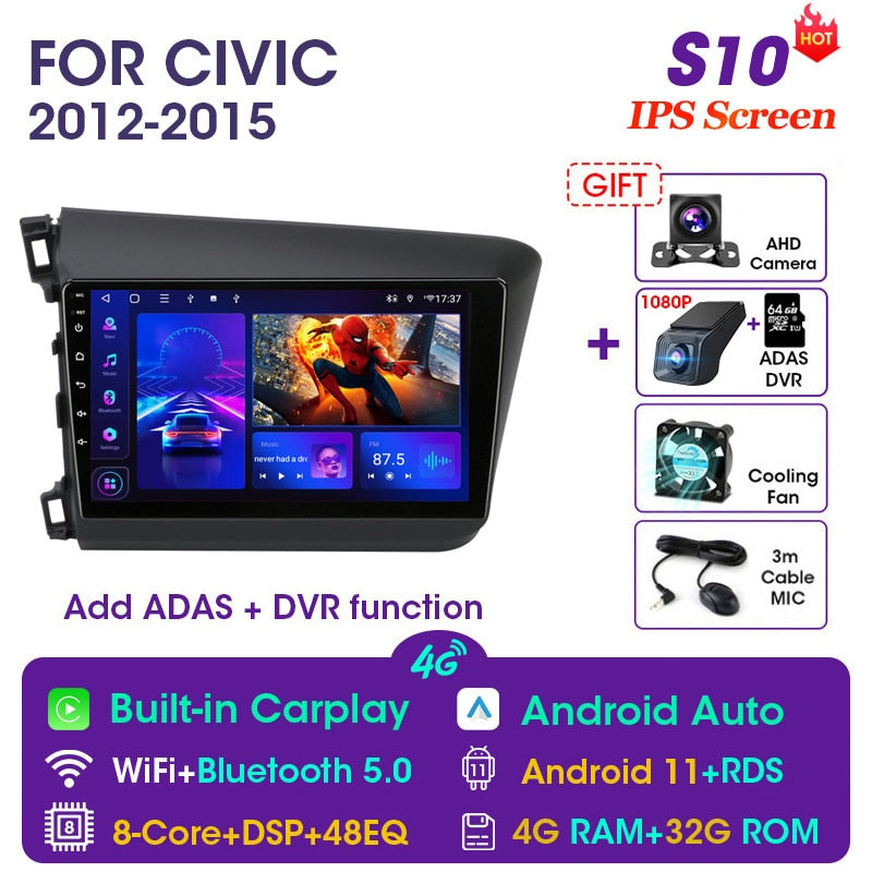 Vtopek 9" 4G Carplay DSP 2din Android 11.0 Autoradio Multimedia Video Player Navigation GPS für HONDA CIVIC 2012-2015 Haupteinheit