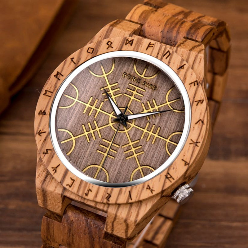 Reloj de madera BOBOBIRD con Helm of Awe Aegishjalmr o Vegvisir y brújula rúnica reloj personalizado часы мужские