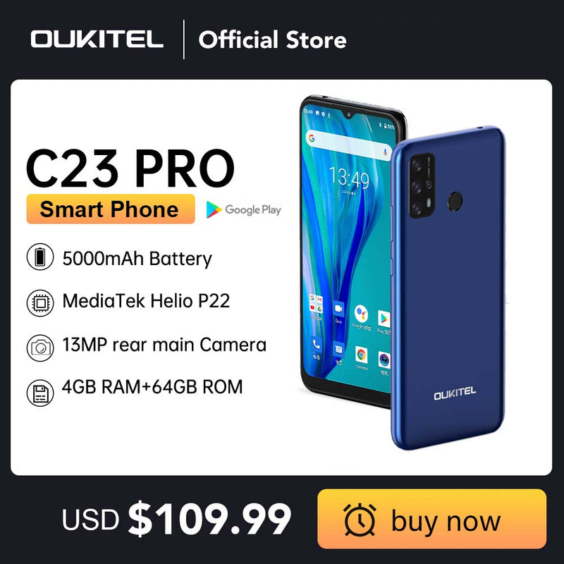 Oukitel C23 pro 4G LTE Smartphone 4GB+64GB 6.53&quot;+HD 5000mAh MT6762V/WB Android 10.0 Mobile phone 8PM/13PM Camera Cell Phone