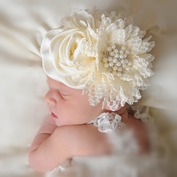 Baby Mädchen Blumen Stirnband Neugeborenes Kind Perlen Blumen mit Spitze breite Stirnbänder Bebes Haarschmuck Phoro Requisiten Kinder Turban