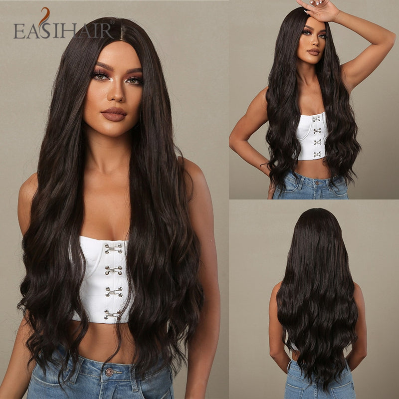 EASIHAIR Long Wavy Dark Brown Black Synthetic Wigs Natural Middle Part Hair Wigs for Women Daily Cosplay Party Heat Resistant