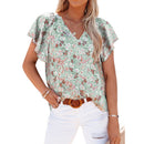 2022 Summer Casual Fashion Vintage Floral Print V-neck Petal Short Sleeve Loose Pullover Shirt Sweet Fresh Blouse Women Clothing