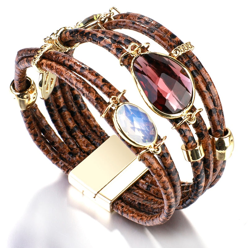 ALLYES Mulltilayer Snake Genuine Leather Bracelets for Women Peace Charm Animals Pattern Crystal Wrap Bracelet Female Jewelry