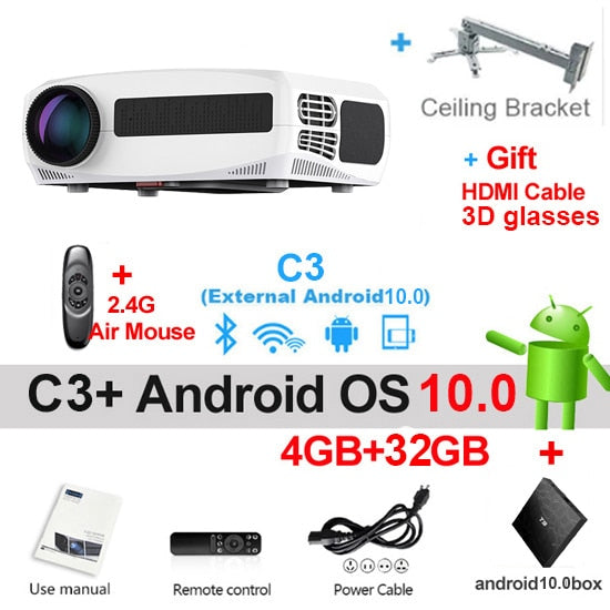 WZATCO C3 LED Projector Android 10.0 WIFI Full HD 1080P 300 inch Big Screen Proyector Home Theater Smart Video Beamer