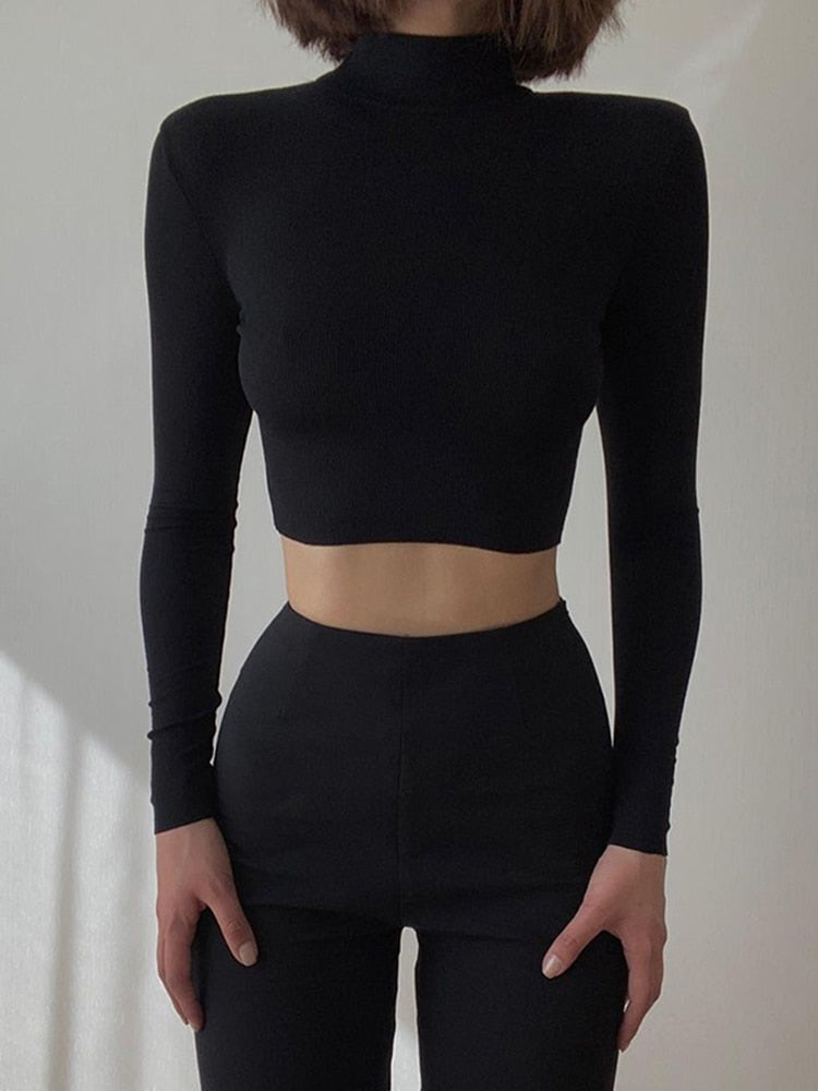 SUCHCUTE Solid Basic Long Sleeve Women T-Shirt Gothic Skinny Turtleneck Kintted Female Shirt Autumn Fashion Streetwear Crop Tops