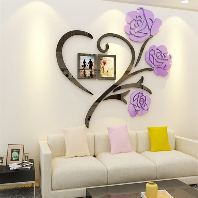 3 Size Multi-Pieces Rose Flower Pattern 3D Acrylic Decoration Wall Sticker DIY Wall Poster Picture Frame Home Bedroom Wallstick