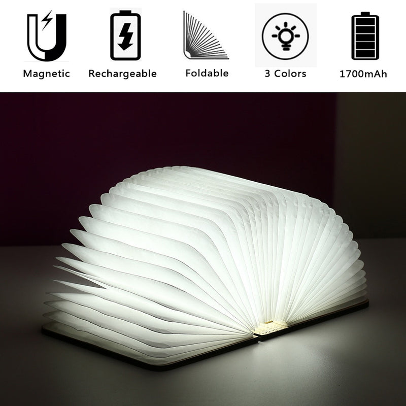 Portátil 3 colores 3D creativo LED libro noche luz madera 5V USB recargable magnético plegable escritorio lámpara de mesa decoración del hogar