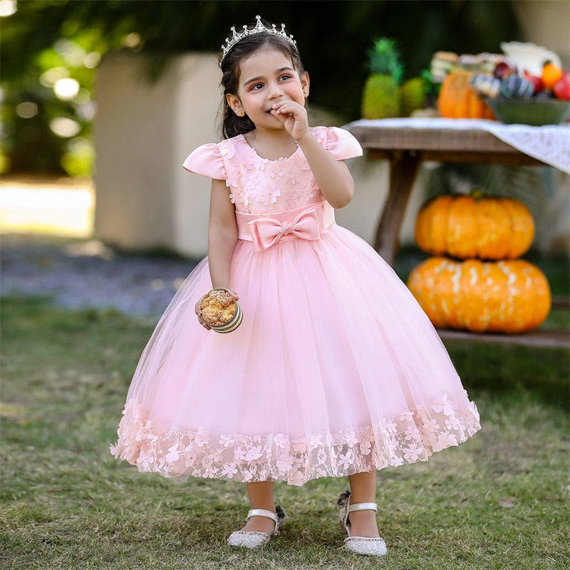 Blume Bogen Infant Baby Mädchen Kleid Spitze Tutu Taufe Kleider für Mädchen 1. Jahr Geburtstagsfeier Hochzeit Baby Kleidung