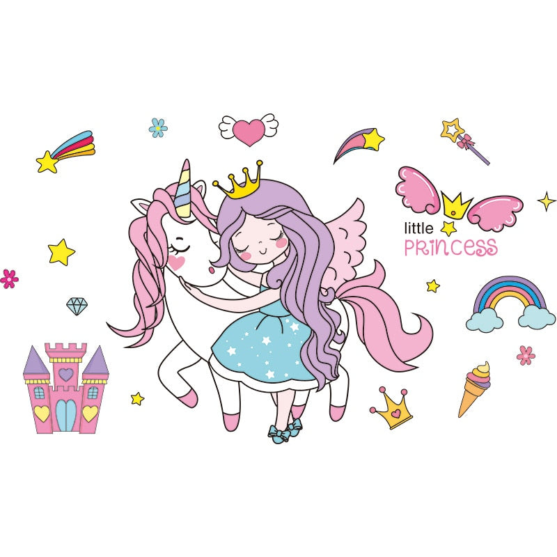 [shijuekongjian] Cartoon Girl Wall Stickers DIY Unicorn Animal Stars Wall Decals for Kids Bedroom Baby Room Home Decoration