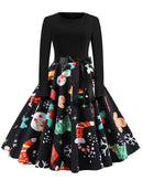 Winter WeihnachtsKleider Damen 50er 60er Vintage Kleid Swing Pinup Elegant Partykleid Langarm Freizeit Print Schwarz